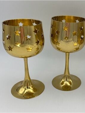 Brass Goblet Candle Holders with Cutout Stars  Set of 2